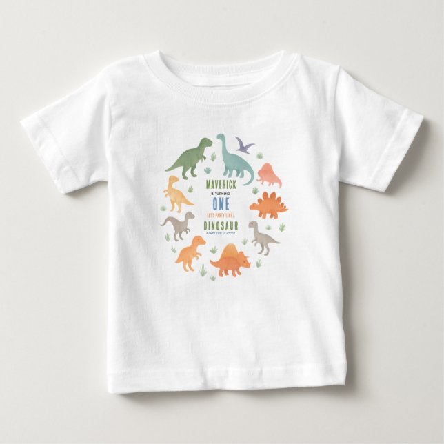Camiseta Para Bebê Festa de 1º Aniversário do Dinossauro | Pré-Histór (Frente)