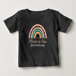Camiseta Para Bebê Festa de 1º Aniversário do Rainbow & Hearts