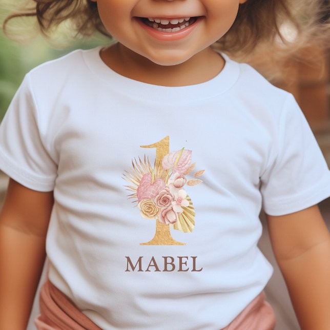 Camiseta Para Bebê Festa de 1º Aniversário Floral Boho (Kids 1st Birthday Party T-Shirt floral boho style)