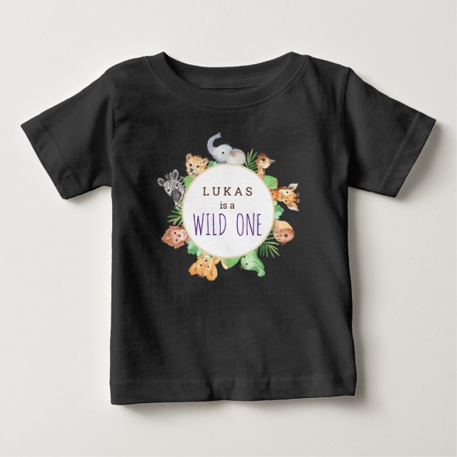 Camiseta Para Bebê Festa de 1º Aniversário Jungle Safari Selvagem Um (Frente)