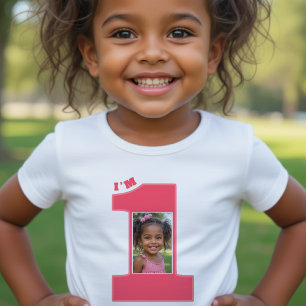 Camiseta Para Bebê Festa de 1º Aniversário Meninas Rosa Uma Foto