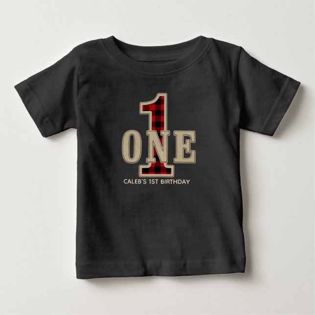 Camiseta Para Bebê Festa de 1º Aniversário Rustic Red Black Buffalo X (Frente)