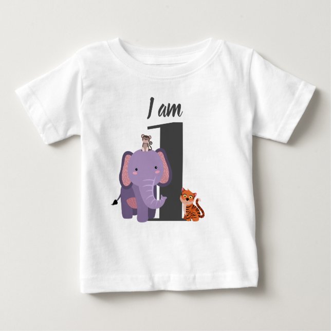 Camiseta Para Bebê Festa de 1º Aniversário Safari Elefante Tigre Maca (Frente)