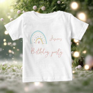 Camiseta Para Bebê Festa de aniversário arco-íris azul rosa pastel