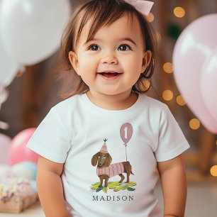 Camiseta Para Bebê Festa de aniversário cachorrinho fofo Dachshund Id