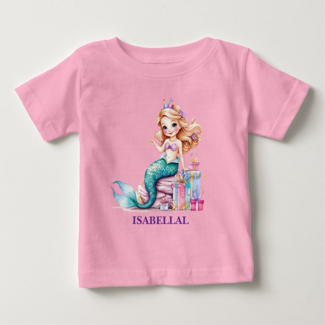 Camiseta Para Bebê Festa de aniversário da menina da sereia mágica ar (Frente)