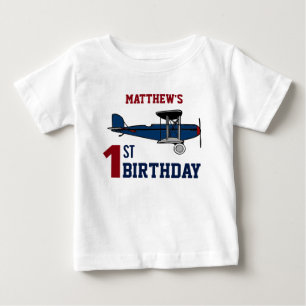 Camiseta Para Bebê Festa de Aniversário de 1 Ano Avião Azul Vintage