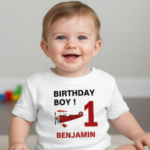 Camiseta Para Bebê Festa de Aniversário de 1 Ano Avião Retrô Vermelho