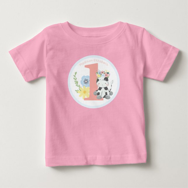 Camiseta Para Bebê Festa de Aniversário de 1 Ano da Vaca Bebê Floral  (Frente)