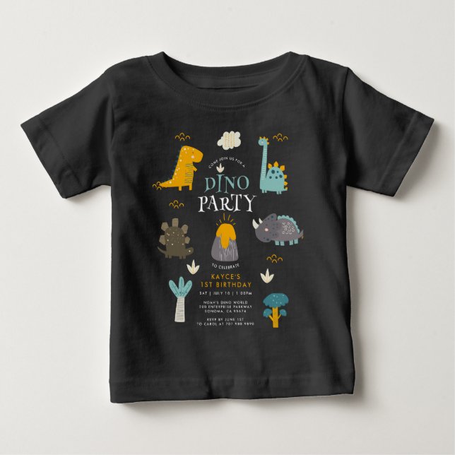 Camiseta Para Bebê Festa de Aniversário de 1 Ano de Dinossauros Fofos (Frente)