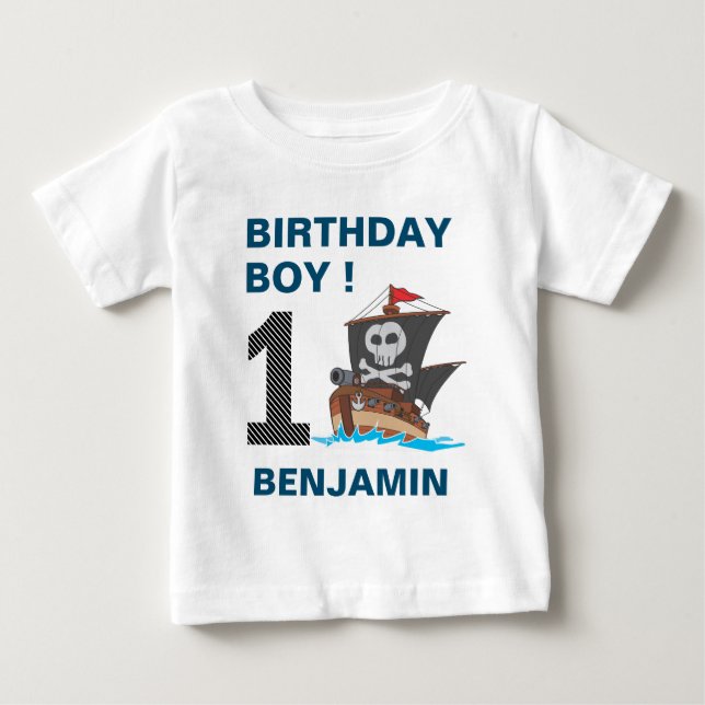 Camiseta Para Bebê Festa de Aniversário de 1 ano de Pirata Fofo (Frente)
