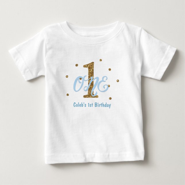 Camiseta Para Bebê Festa de Aniversário de 1 Ano dos Meninos Azul & D (Frente)