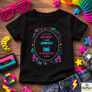 Camiseta Para Bebê Festa de Aniversário de 1 Ano Modern Retro Neon 80
