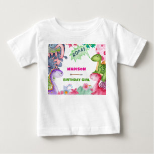Camiseta Para Bebê Festa de Aniversário de 4 anos da Menina Dinossaur