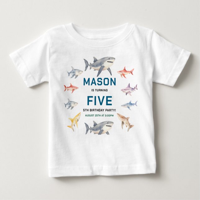 Camiseta Para Bebê Festa de Aniversário de 5 anos Shark Splash | Cria (Frente)