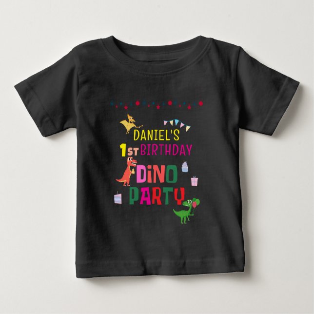 Camiseta Para Bebê Festa de aniversário de Dino Dinossaur Moderno e B (Frente)