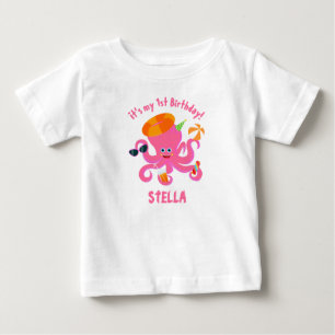 Camiseta Para Bebê Festa de aniversário de menina bebê polvo rosa ver