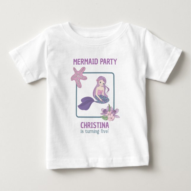 Camiseta Para Bebê Festa de Aniversário de Menina Sereia Azul Turques (Frente)