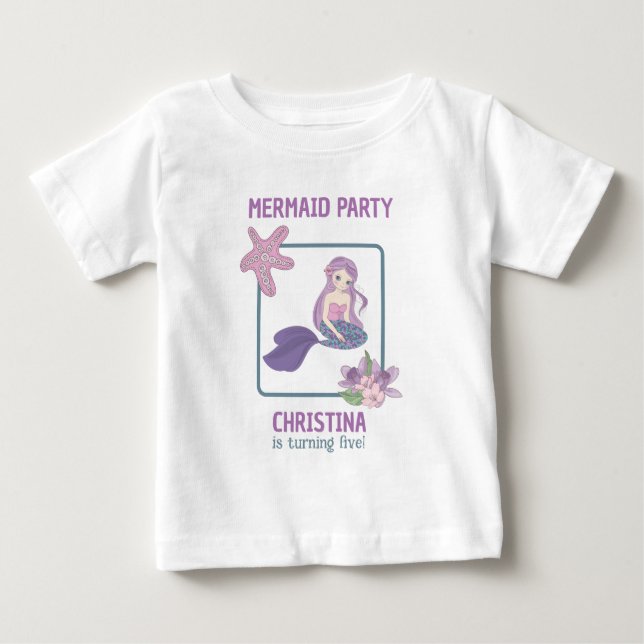 Camiseta Para Bebê Festa de Aniversário de Menina Sereia Roxo Turques (Frente)