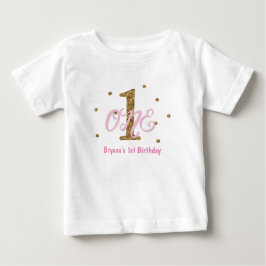Camiseta Para Bebê Festa de Aniversário de Meninas Rosa e Dourado ONE