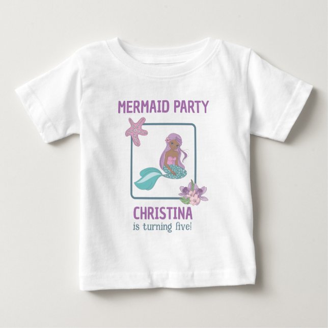 Camiseta Para Bebê Festa de Aniversário de Sereia Menina Negra Roxo T (Frente)