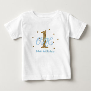Camiseta Para Bebê Festa de Aniversário de UM 1º ano Blue & Gold Meni