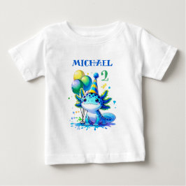 Camiseta Para Bebê Festa de aniversário do Menino Axolotl Azul e Verd