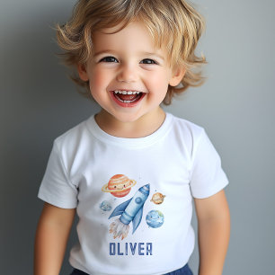 Camiseta Para Bebê Festa de aniversário do menino do foguete espacial