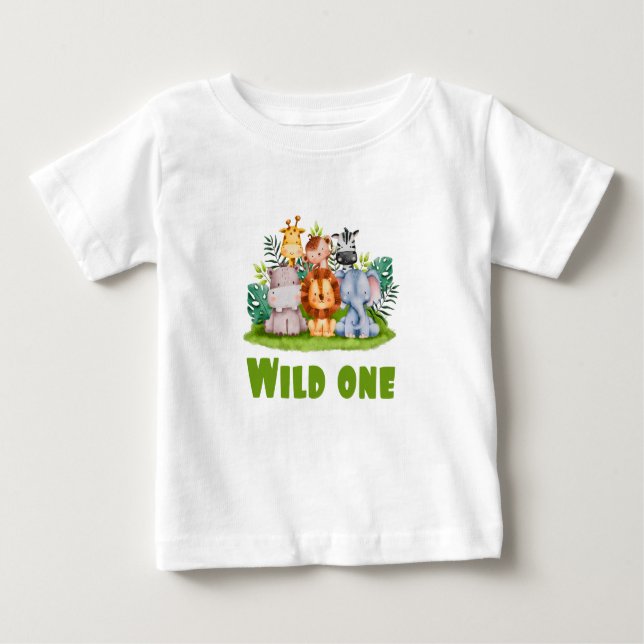 Camiseta Para Bebê Festa de Aniversário do Zoológico Selvagem Um Bebê (Frente)