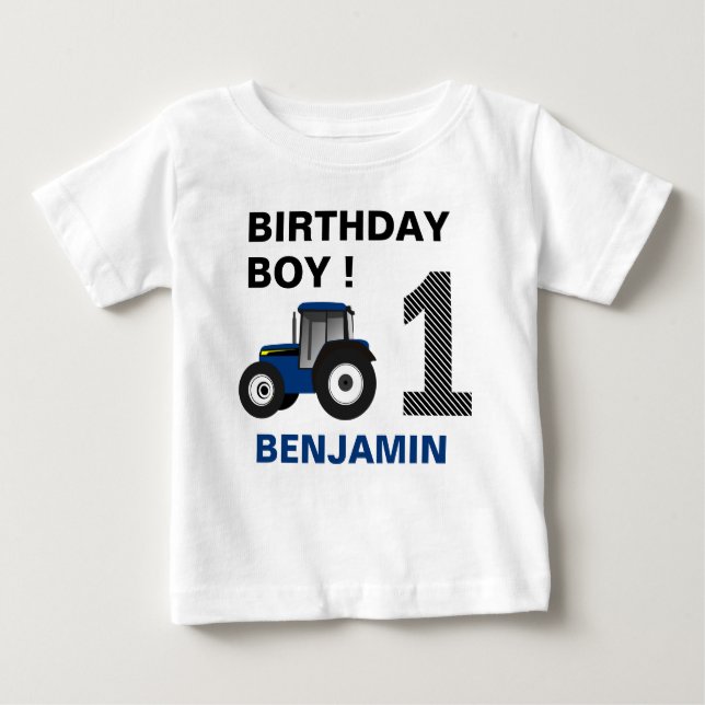 Camiseta Para Bebê Festa de Aniversário Infantil Trator Azul de Fazen (Frente)