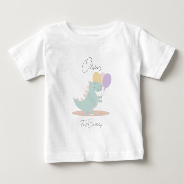 Camiseta Para Bebê Festa de aniversário Lilar Azul Rosa Dinossauro (Frente)