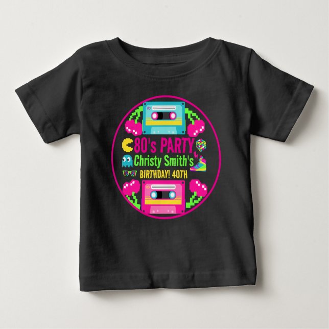 Camiseta Para Bebê Festa de aniversário Retro Neon 80s (Frente)