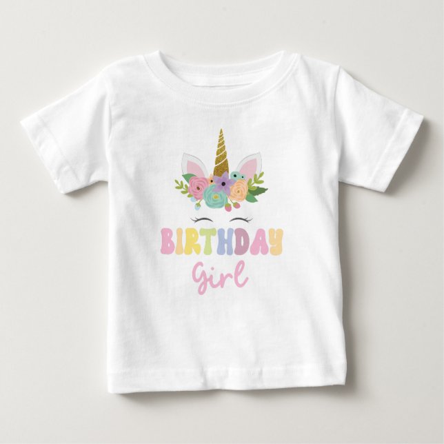 Camiseta Para Bebê Festa de Garota do Unicórnio Glitter Rainbow Birth (Frente)