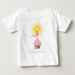 Camiseta Para Bebê Festa de primeiro aniversario da Menina Rosa Cupca