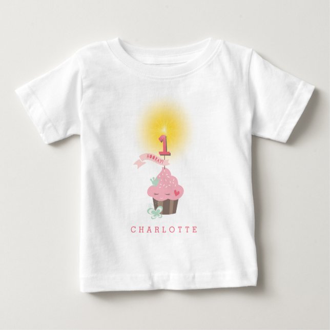 Camiseta Para Bebê Festa de primeiro aniversario da Menina Rosa Cupca (Frente)
