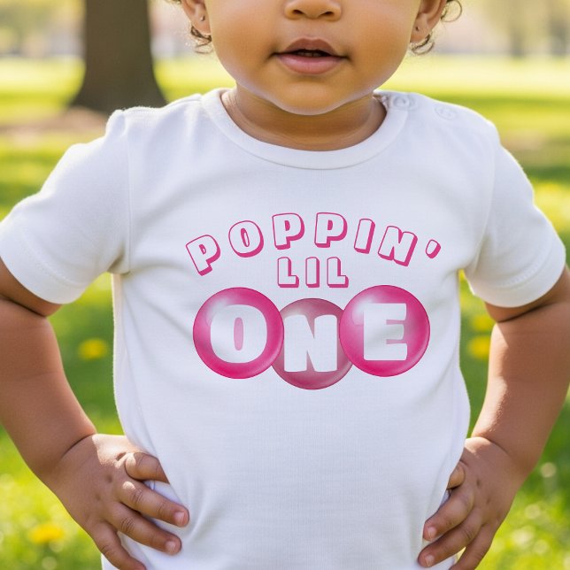 Camiseta Para Bebê Festa de primeiro aniversario de Menina Rosa-Rosa  (Bubblegum Pink Poppin Girl 1st Birthday Party Baby T-Shirt
)