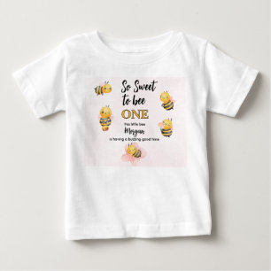 Camiseta Para Bebê Festa de Um Ano Abelha Fofa Rosa Preto