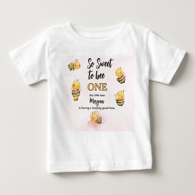 Camiseta Para Bebê Festa de Um Ano Linda Abelha Rosa e Preto (Frente)
