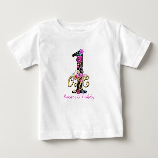 Camiseta Para Bebê Festa Dourada Floral Negra de 1 primeiro aniversar (Frente)