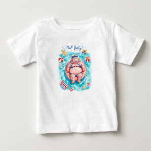 Camiseta Para Bebê Festa na Piscina de 4 de Julho com Hipopótamo 
