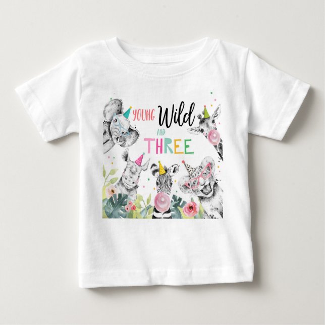 Camiseta Para Bebê Festas Animais Garota de Aniversário Selvagem Três (Frente)