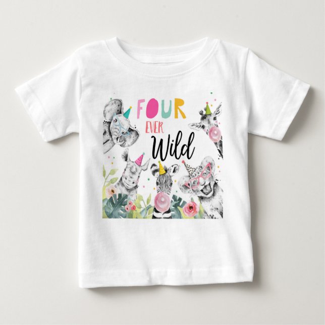 Camiseta Para Bebê Festas Animais Rapariga de Aniversário Quatro Semp (Frente)