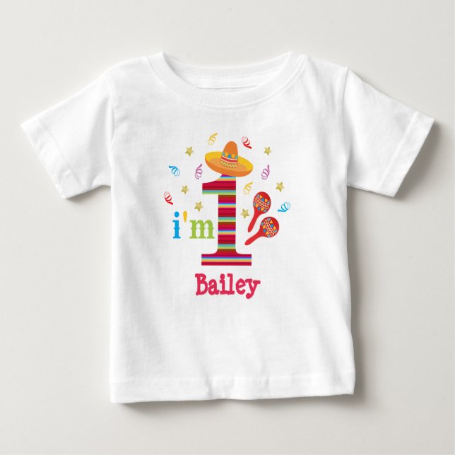 Camiseta Para Bebê Fiesta primeiro aniversario Bonita Colorida Mexica (Frente)