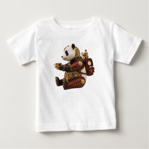 Camiseta Para Bebê Figuração Mecânica Steampunk de Panda em Latão