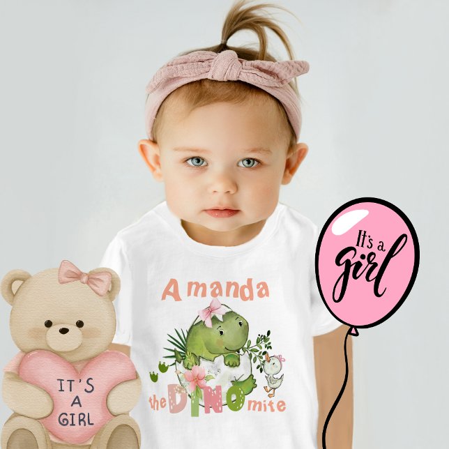 Camiseta Para Bebê Filhinha Personalizada Dinossauro DINO Mite T-Shir (Custom Baby Girl Dinosaur DINO Mite T-Shirt )