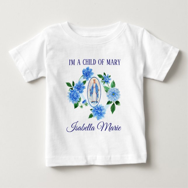 Camiseta Para Bebê Filho da Virgem Maria | Flores Azuis Dahlia (Frente)