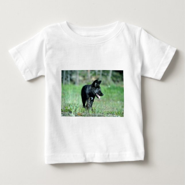 Camiseta Para Bebê Filhote cinzento de Lobo-verão (preto-fase) (Frente)