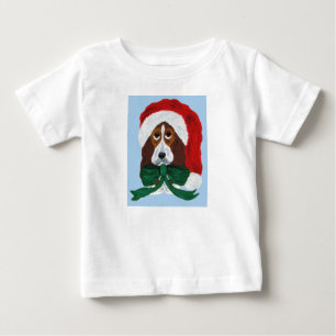 Camiseta Para Bebê Filhote de Basset Hound com Chapéu de Papai Noel
