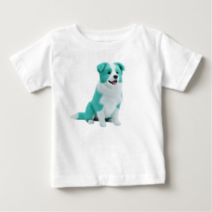 Camiseta Para Bebê Filhote de Border Collie Azul Turquesa e Branco Fo