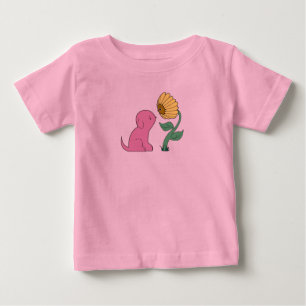 Camiseta Para Bebê filhote de cachorro e flor cor-de-rosa